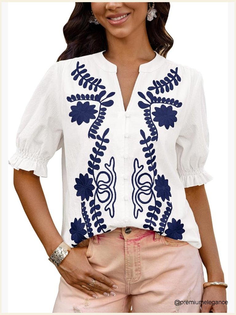 Boho Embroidered V Neck Puff Short Sleeve Button Down Blouse Tunic Top